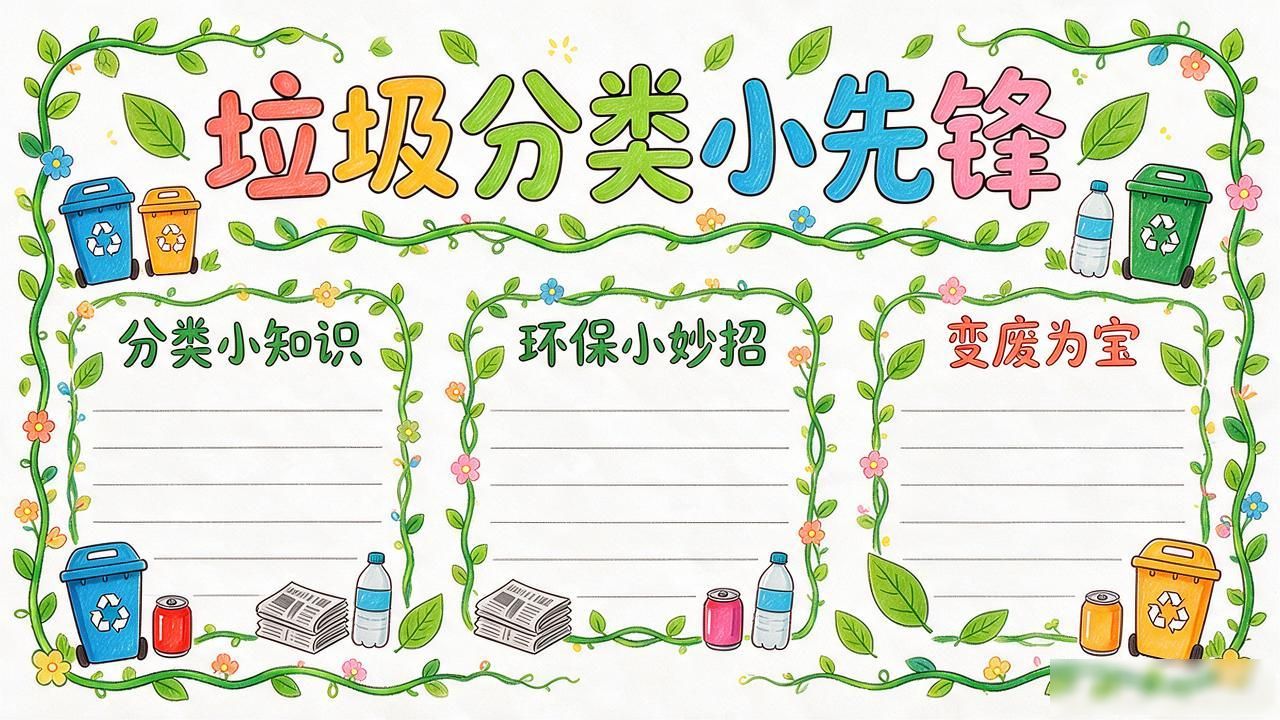 小学生黑板报设计图案大全图片_生态教育资源深度测评_初中垃圾分类手抄报可打印线稿模板