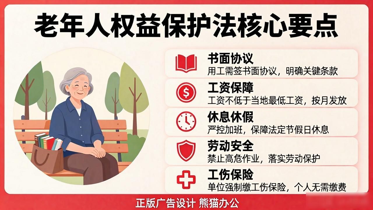 宣传栏排版设计_大气红色时尚简约一张图了解老年人权益保护法养老院宣传栏常规_一张图解读老年人权益保障法海报设计